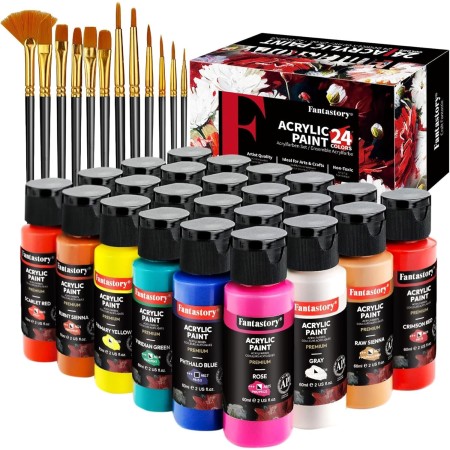 Fantastory Juego de pintura acrílica, 24 colores clásicos (2 onzas/2.0 fl oz), pintura profesional para manualidades, kit de