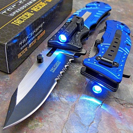 TAC Force Blue Police Assisted Open LED - Cuchillo de bolsillo de rescate táctico