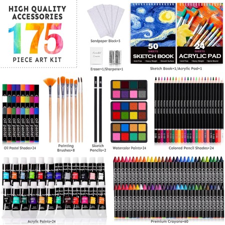 Suministros de arte, paquete de 175 piezas de arte de lujo, kit de arte de dibujo con 2 almohadillas de dibujo A4, 24 pinturas