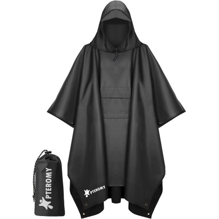 PTEROMY Poncho de lluvia con capucha para adultos con bolsillo, impermeable, ligero, unisex, para senderismo, camping,