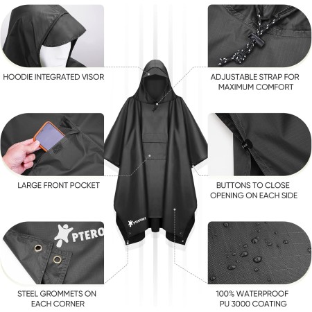 PTEROMY Poncho de lluvia con capucha para adultos con bolsillo, impermeable, ligero, unisex, para senderismo, camping,