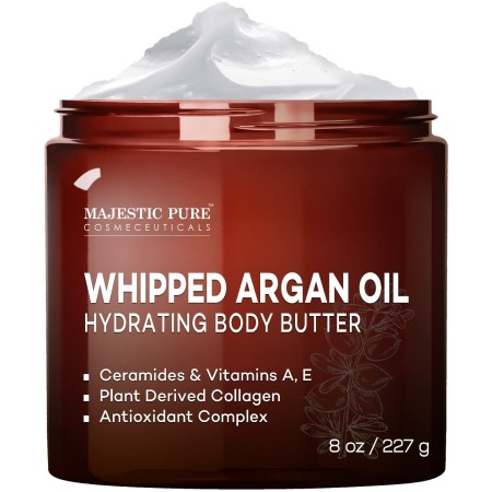 MAJESTIC PURE Mantequilla corporal de aceite de argán batido para mujeres y hombres, con ceramidas, vitamina E y A y colágeno