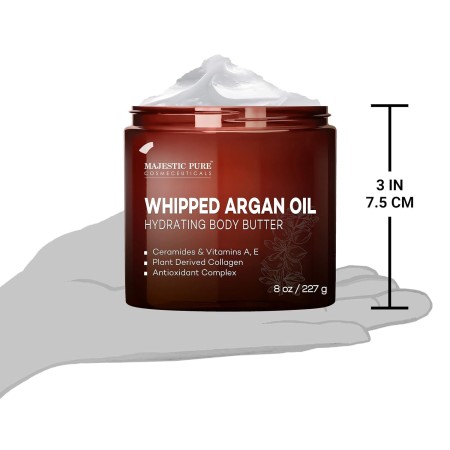 MAJESTIC PURE Mantequilla corporal de aceite de argán batido para mujeres y hombres, con ceramidas, vitamina E y A y colágeno