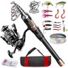 ShinePick Kit de caña de pescar, kit completo de caña de pescar telescópica y carrete con señuelos de línea y ganchos, bolsa de