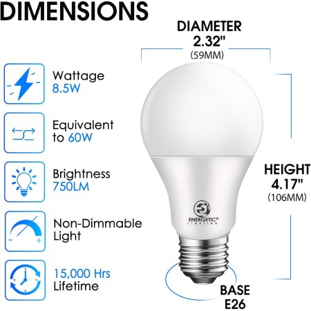 Paquete de 24 bombillas Led A19 equivalentes a 60 W, luz diurna 5000 K, base media E26, no regulable, bombilla Led con