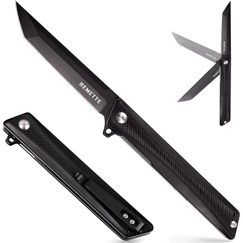 REMETTE Cuchillo de bolsillo táctico GD22K, cuchillo de bolsillo negro para hombres, apertura asistida por volteo, cuchillo