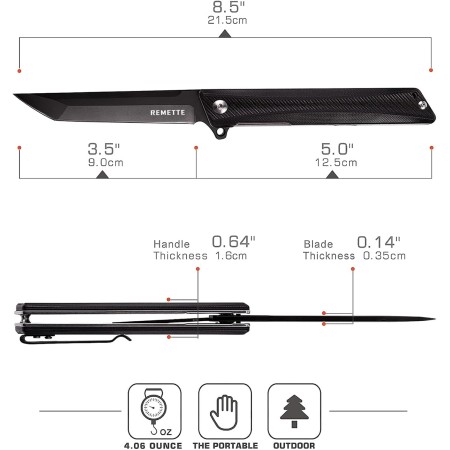 REMETTE Cuchillo de bolsillo táctico GD22K, cuchillo de bolsillo negro para hombres, apertura asistida por volteo, cuchillo