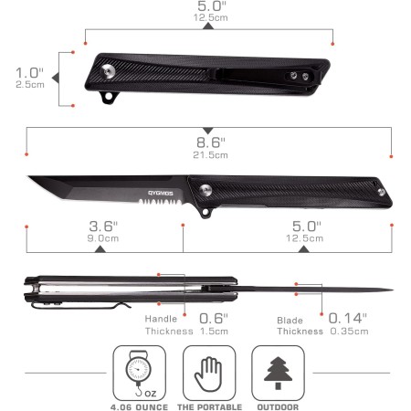 REMETTE Cuchillo de bolsillo táctico GD22K, cuchillo de bolsillo negro para hombres, apertura asistida por volteo, cuchillo