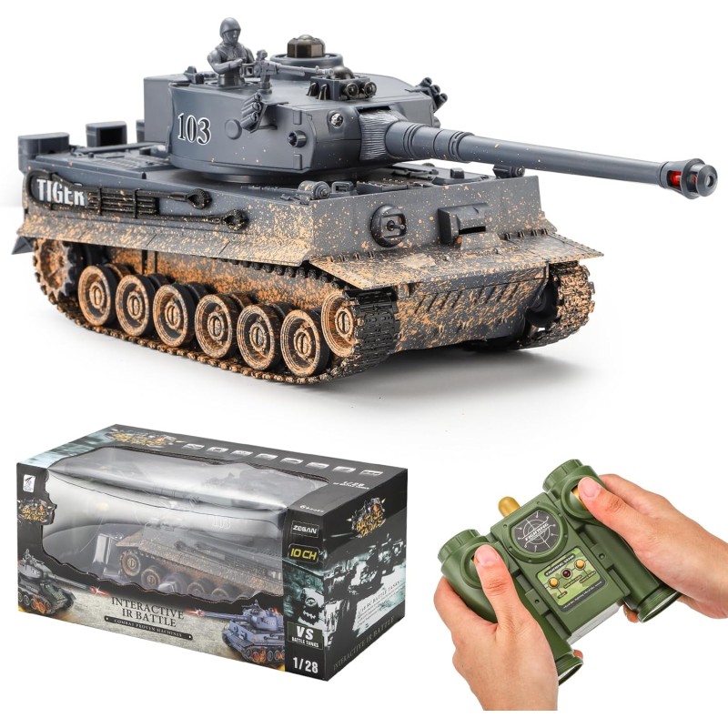 KIOMTRK 1:28 RC Tank Toys para niños, 9 canales de control remoto vehículos con sonido y luz, juguetes militares RC para niños