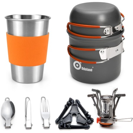 Odoland Utensilios de cocina para camping, soporte de mosquetón, trípode y taza de acero inoxidable, soporte de tanque, kit de