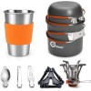 Odoland Utensilios de cocina para camping, soporte de mosquetón, trípode y taza de acero inoxidable, soporte de tanque, kit de