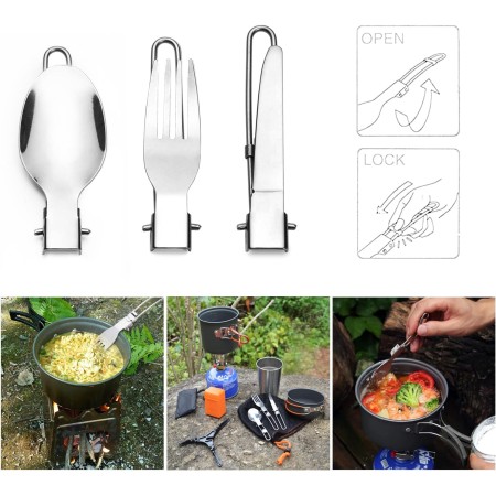 Odoland Utensilios de cocina para camping, soporte de mosquetón, trípode y taza de acero inoxidable, soporte de tanque, kit de