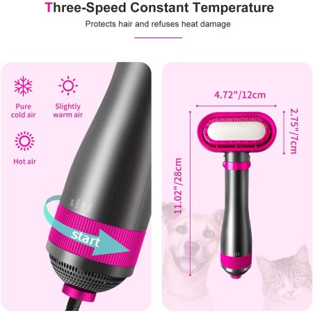Secador de pelo para perros | Secador de pelo 2 en 1 para mascotas con cepillo deslizante reemplazable | Temperatura ajustable |