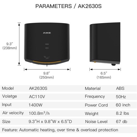 AIKE Limpiador de aire compacto secador de manos 110V 1400W plata (con enchufe de 2 pines) Modelo AK2630