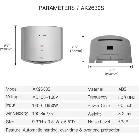 AIKE Limpiador de aire compacto secador de manos 110V 1400W plata (con enchufe de 2 pines) Modelo AK2630