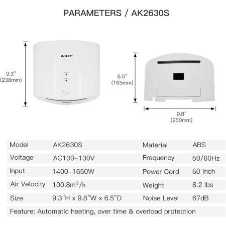 AIKE Limpiador de aire compacto secador de manos 110V 1400W plata (con enchufe de 2 pines) Modelo AK2630