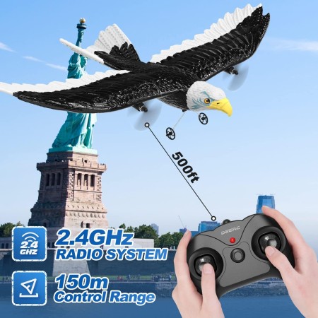 DEERC Avión RC, avión Eagle de control remoto, avión RTF, 2.4GHZ 2CH Flying Bird con 2 baterías y hélice estabilizador