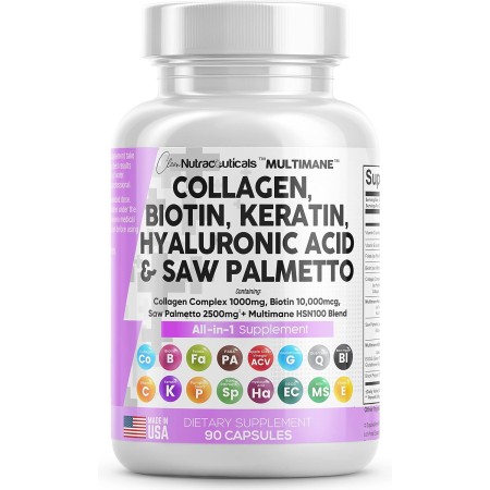 Pastillas de colágeno de 1000 mg de biotina, 10000 mcg, queratina Saw Palmetto 2500 mg de ácido hialurónico, vitaminas para el