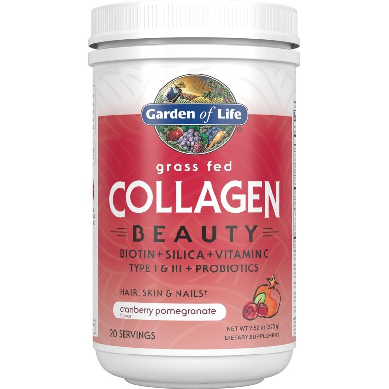 Garden of Life - Grass Fed Collagen Beauty - Polvo de colágeno para mujeres y hombres, sabor granada y arándano, 20 porciones,