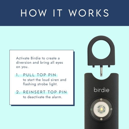 She's Birdie –La alarma de seguridad personal original para mujeres por mujeres, sirena de 130 dB, luz estroboscópica y llavero