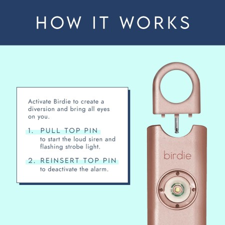 She's Birdie –La alarma de seguridad personal original para mujeres por mujeres, sirena de 130 dB, luz estroboscópica y llavero