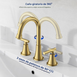 Grifo de baño de 3 agujeros, grifos de oro cepillado con drenaje y líneas