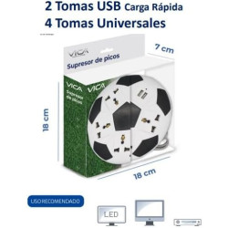 Paquete de 2 barras de contacto múltiple de fútbol con 4 enchufes universales, 2 puertos USB, cable de 6.6 ft.