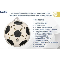 Paquete de 2 barras de contacto múltiple de fútbol con 4 enchufes universales, 2 puertos USB, cable de 6.6 ft.