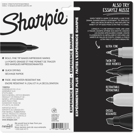 Sharpie Marcadores permanentes, punta fina, negro, 12 unidades