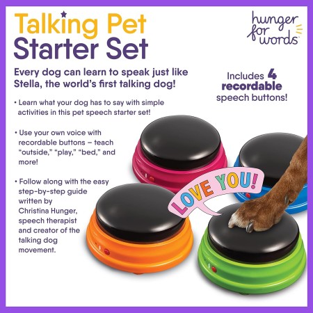 Hunger for Words Talking Pet - Juego de 4 botones grabables para perros, botones de perro parlante, enseña a tu perro a hablar,