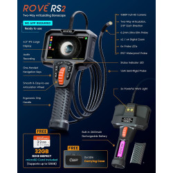 ROVE Cámara de boroscopio articulado RS2 con luz, 210 °, tarjeta de 32 GB