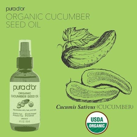 PURA D'OR Aceite de semilla de pepino orgánico (4 onzas / 4.0 fl oz), 100% puro certificado por la USDA, humectante natural de