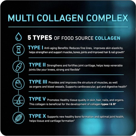 Píldoras de colágeno múltiple (tipos I, II, III, V, X) 150 cápsulas 3300 mg de péptidos de colágeno, alimentados con pasturas,