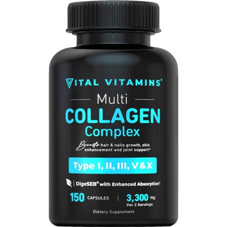 Píldoras de colágeno múltiple (tipos I, II, III, V, X) 150 cápsulas 3300 mg de péptidos de colágeno, alimentados con pasturas,