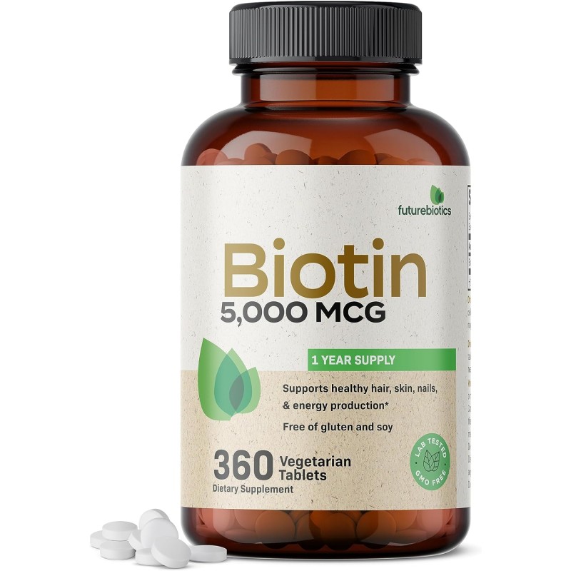 Futurebiotics Biotin 5000 MCG apoya la producción saludable de cabello, piel, uñas y energía sin OMG, 360 tabletas vegetarianas