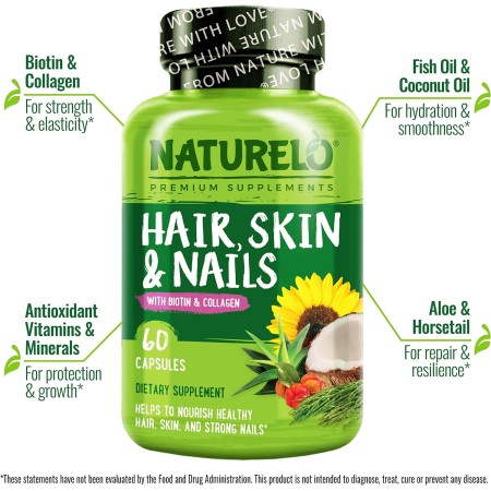 NATURELO Vitaminas para el cabello, la piel y las uñas, 5000 mcg de biotina, colágeno, vitamina E natural, suplemento para piel