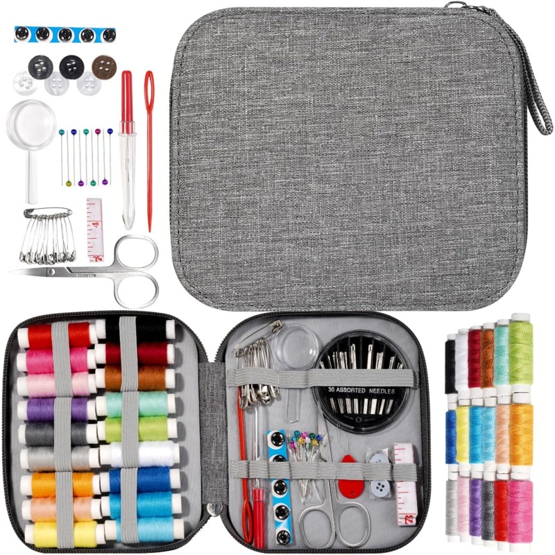 JUNING Kit de costura con estuche, suministros de costura portátiles para viajeros en casa, adultos, principiantes, emergencias,
