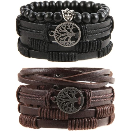 HZMAN Pulseras de cuero genuino con diseño de árbol de la vida para hombres y mujeres, diseño de ojo de tigre, piedra natural,