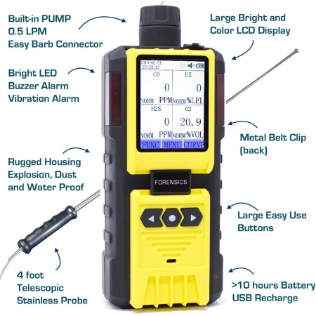 Forensics - Monitor de gas 4 | Medidor de gas múltiple con bomba incorporada | O2, CO, H2S, LEL | Pantalla a color y gráficos |
