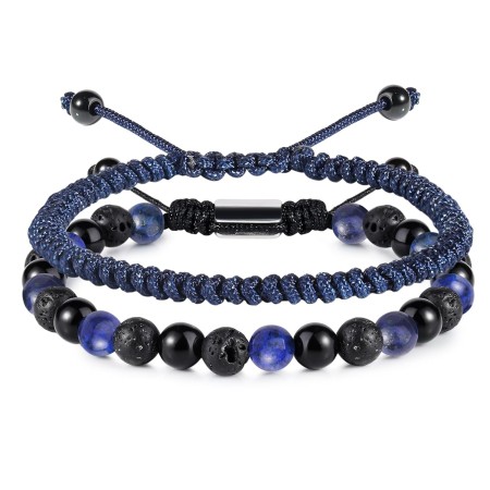 CARITATE Black Beaded Bracelet String Bracelets Set for Men Women - Natural Black Obsidian Onyx Lava Rock Braided Rope Bracelets