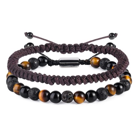 CARITATE Black Beaded Bracelet String Bracelets Set for Men Women - Natural Black Obsidian Onyx Lava Rock Braided Rope Bracelets