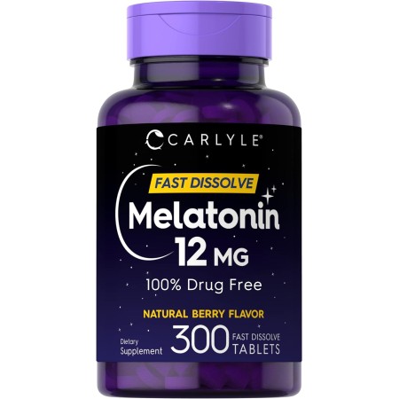 Carlyle Melatonina 12 mg de disolución rápida, 300 comprimidos, sin drogas, sabor a bayas naturales, vegetariano, sin OMG, sin