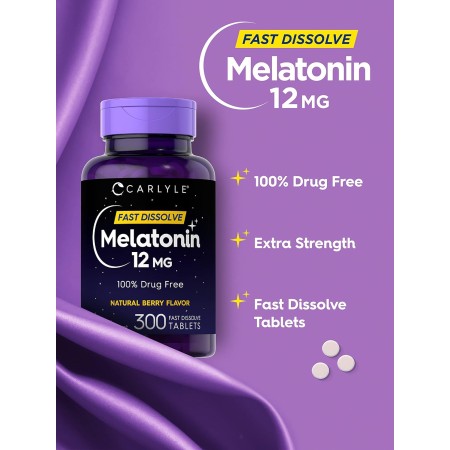 Carlyle Melatonina 12 mg de disolución rápida, 300 comprimidos, sin drogas, sabor a bayas naturales, vegetariano, sin OMG, sin