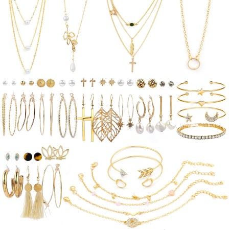 AROIC - Juego de 38 piezas de joyería de oro con 4 collares, 10 pulseras, 24 aretes de argolla para mujeres y niñas, bisutería,