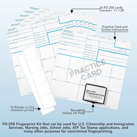 FD 258 - Tarjeta de huellas dactilares 2023 Kit completo (6 tarjetas + 1 tarjeta de práctica) con almohadilla de tinta