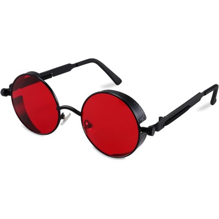 FEISEDY Gafas de sol retro góticas steampunk marco de metal redondo círculo punk inspirado sombra hombres B1857, Negro/Rojo