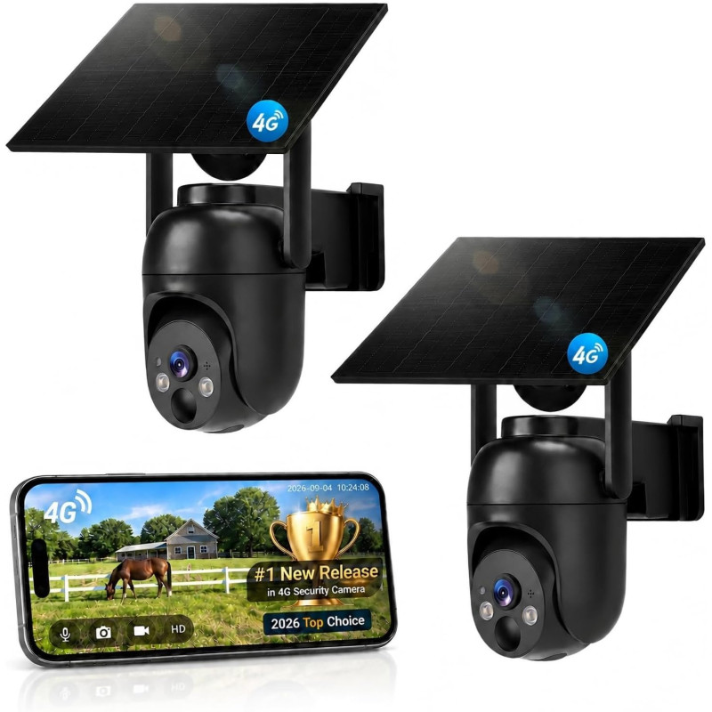4G LTE Cellular Security Camera 2 Pack, Built-in SIM Card, Solar Powered