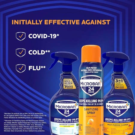 Microban Spray desinfectante, spray desinfectante y antibacteriano de 24 horas, limpiador de todos los fines, olor fresco, 4