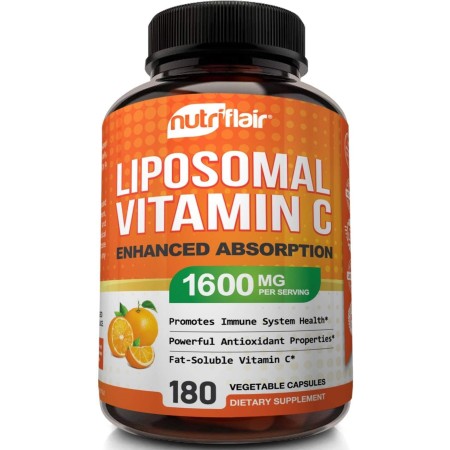 NutriFlair Vitamina C liposomal, 1600 mg, 180 cápsulas - Alta absorción, VIT C soluble en grasa, suplemento antioxidante, mayor