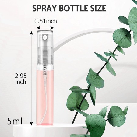 Mini botellas de aerosol, 70 botellas de perfume de vidrio transparente de 0.3 onzas líquidas, botellas de aerosol recargables